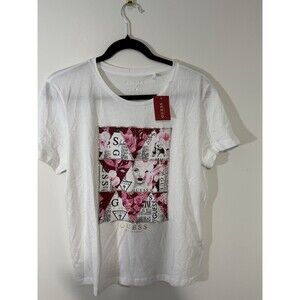 GUESS White Beaded Graphic Print Crew Neck T-Shirt Women's M Short Sleeve